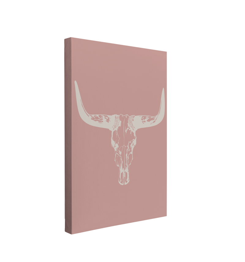 Single, 2:3 vertical easy to hang canvas print on a transparent background featuring an image of white Longhorn skull on a pink background.