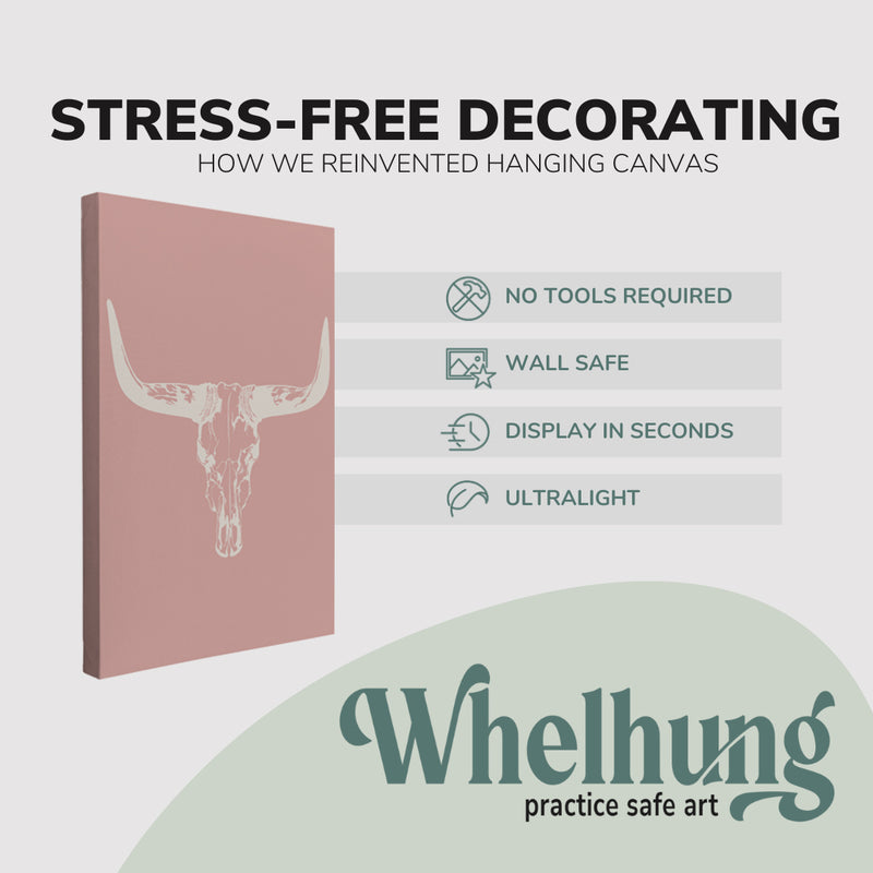 Single, 2:3 vertical easy to hang canvas print on a graphic displaying the stress-free decorating Whelhung offers, how we reinvented hanging canvas: "no tools required", "wall safe", "display in seconds" and "ultralight."