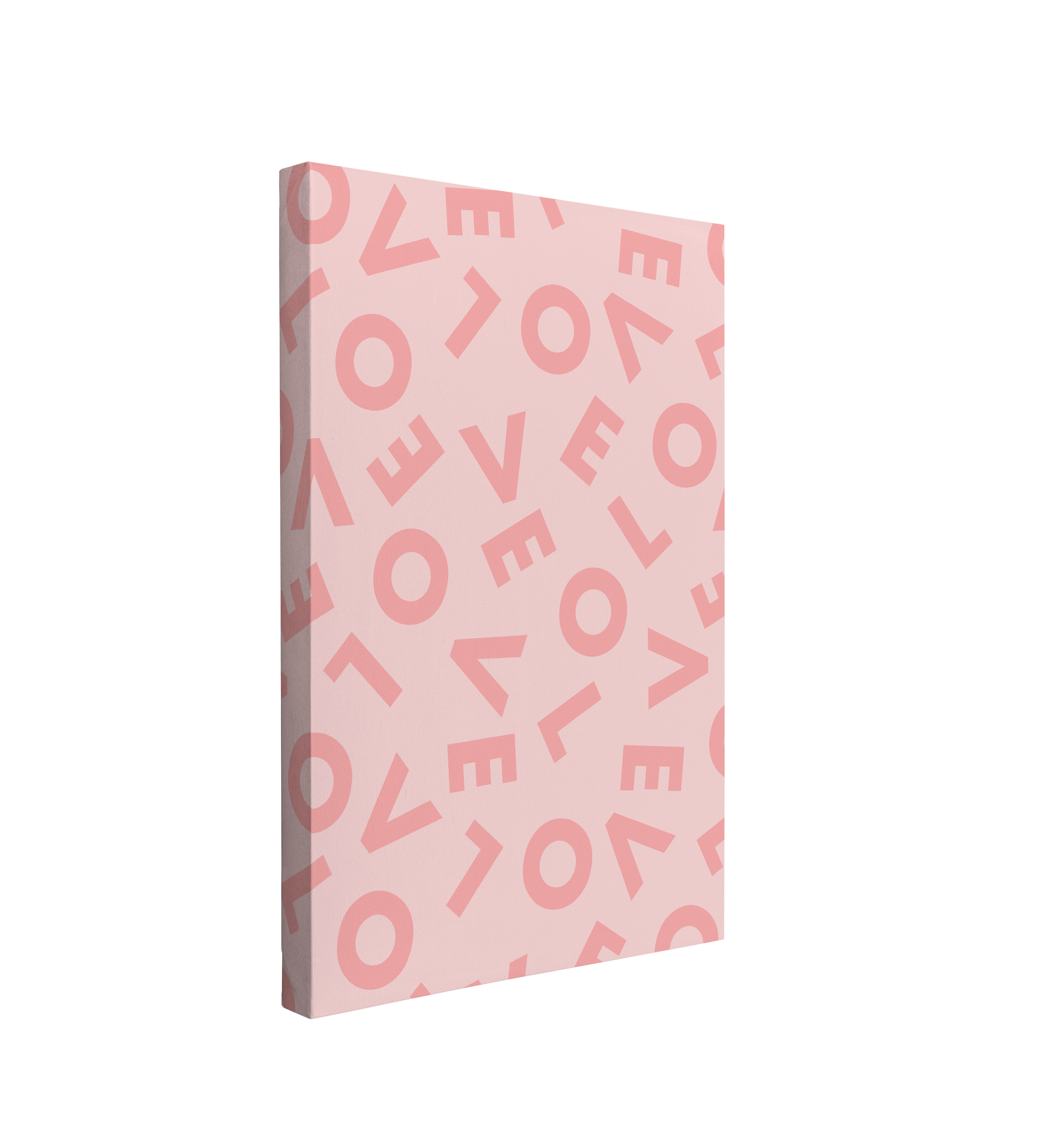 single, 2:3 vertical easy to hang canvas print on a transparent background featuring an image of the letters of "Love" in a dark pink all sprawled out on a light pink background