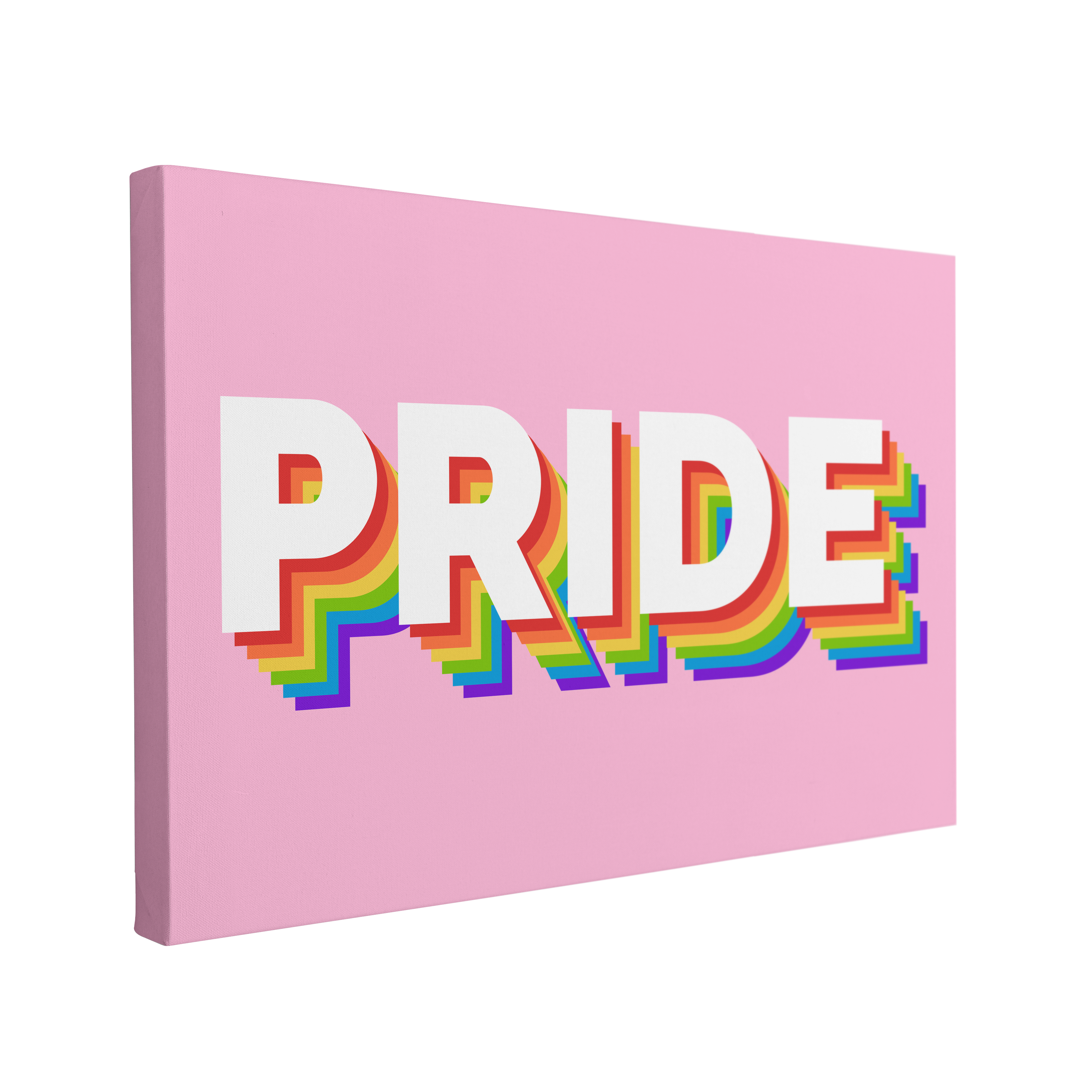 single, 2:3 horizontal easy to hang canvas print on a transparent background featuring an image of the word "Pride" in a white, bold font with rainbow shadows on a bright pink background