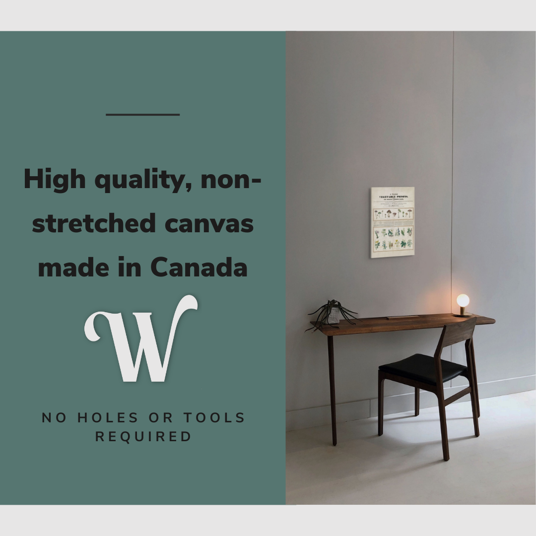 Lifestyle image of the vertical, 12x18 inch easy to hang canvas wall art hung in an minimalist dark academia office above a desk and chair with graphic saying "High quality, non-stretched canvas made in Canada"