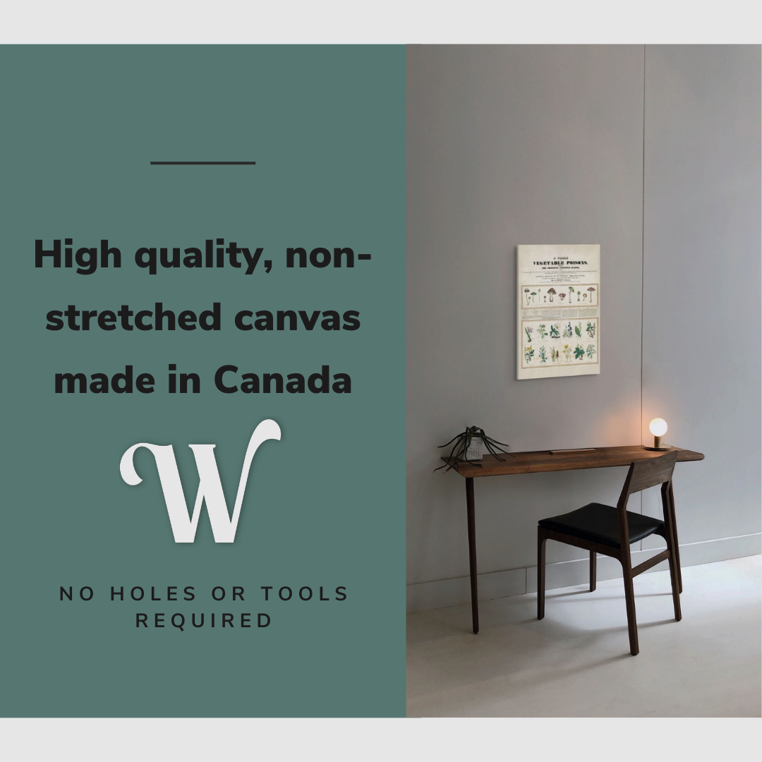 Lifestyle image of the vertical, 16x24 inch easy to hang canvas wall art hung in an minimalist dark academia office above a desk and chair with graphic saying "High quality, non-stretched canvas made in Canada"