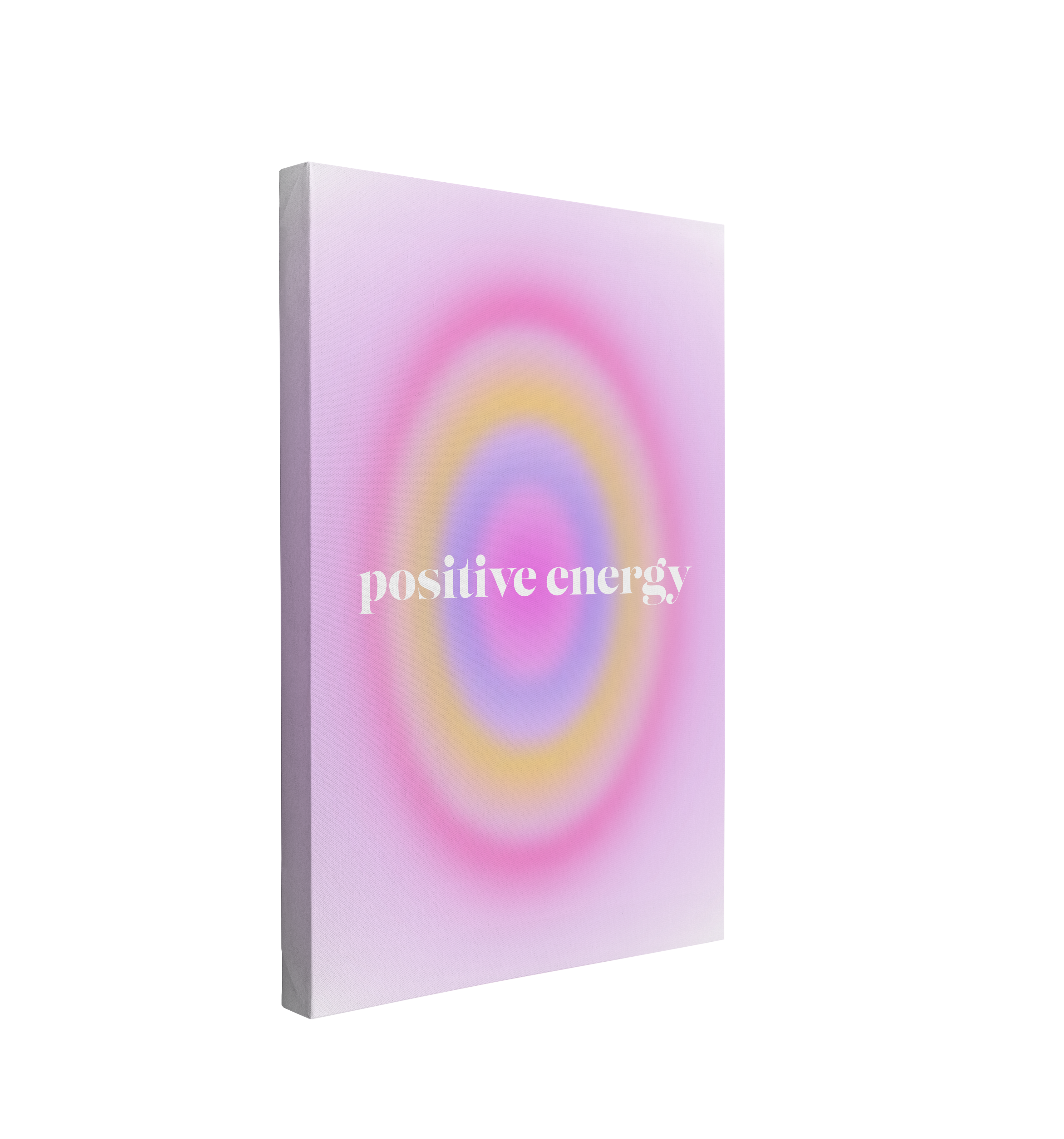 single, 2:3 vertical easy to hang canvas print on a transparent background featuring an image of a large purple gradient oval pulsing in colors purple, yellow, and blue on a light lavender background with white font "positive energy" in the center