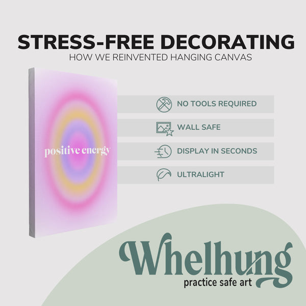 single, 2:3 vertical easy to hang canvas print on a graphic displaying the stress-free decorating Whelhung offers, how we reinvented hanging canvas: "no tools required", "wall safe"", "display in seconds" and "ultralight."