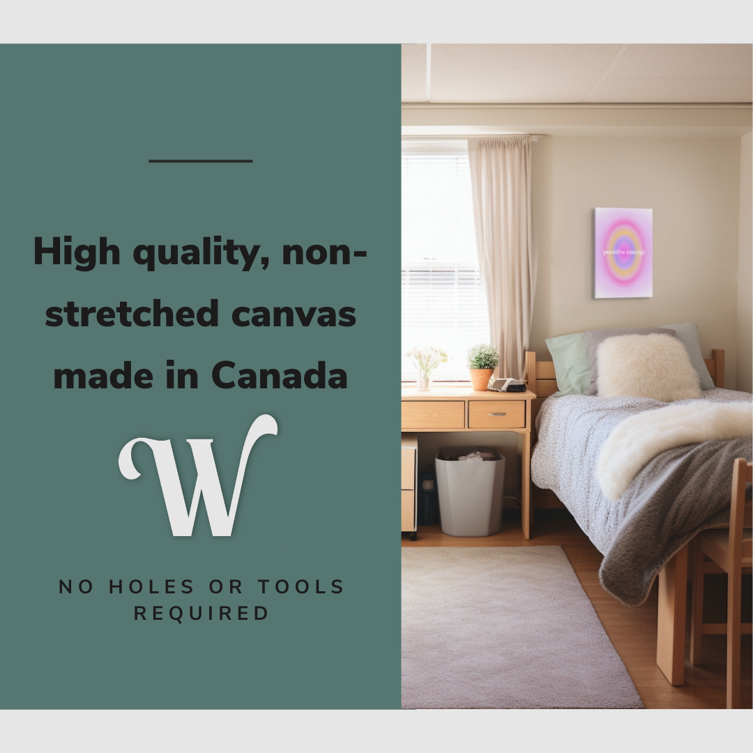 Lifestyle image of the vertical, 12x18 inch easy to hang canvas wall art hung in a dorm bedroom hung above a single bed with graphic saying "High quality, non-stretched canvas made in Canada"