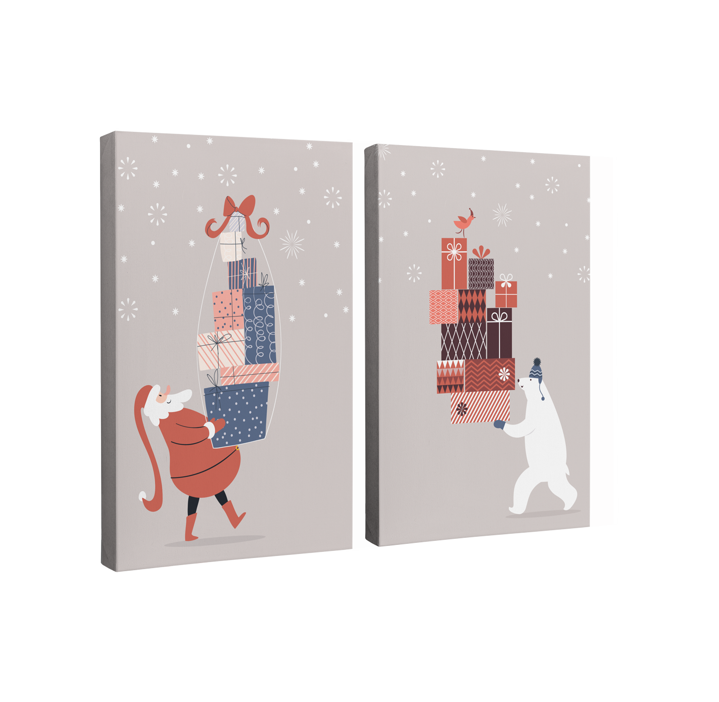 2 Panel, 2:3 vertical easy to hang canvas print on a transparent background featuring an image of and cartoon santa holding a pile of gifts, facing a cartoon polar bear also holding a pile of gifts