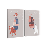 2 Panel, 2:3 vertical easy to hang canvas print on a transparent background featuring an image of and cartoon santa holding a pile of gifts, facing a cartoon polar bear also holding a pile of gifts