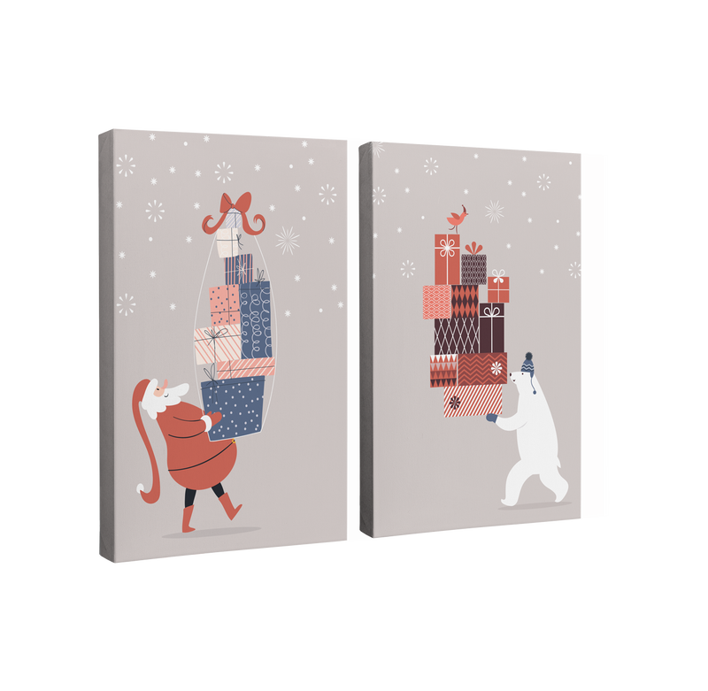 2 Panel, 2:3 vertical easy to hang canvas print on a transparent background featuring an image of and cartoon santa holding a pile of gifts, facing a cartoon polar bear also holding a pile of gifts