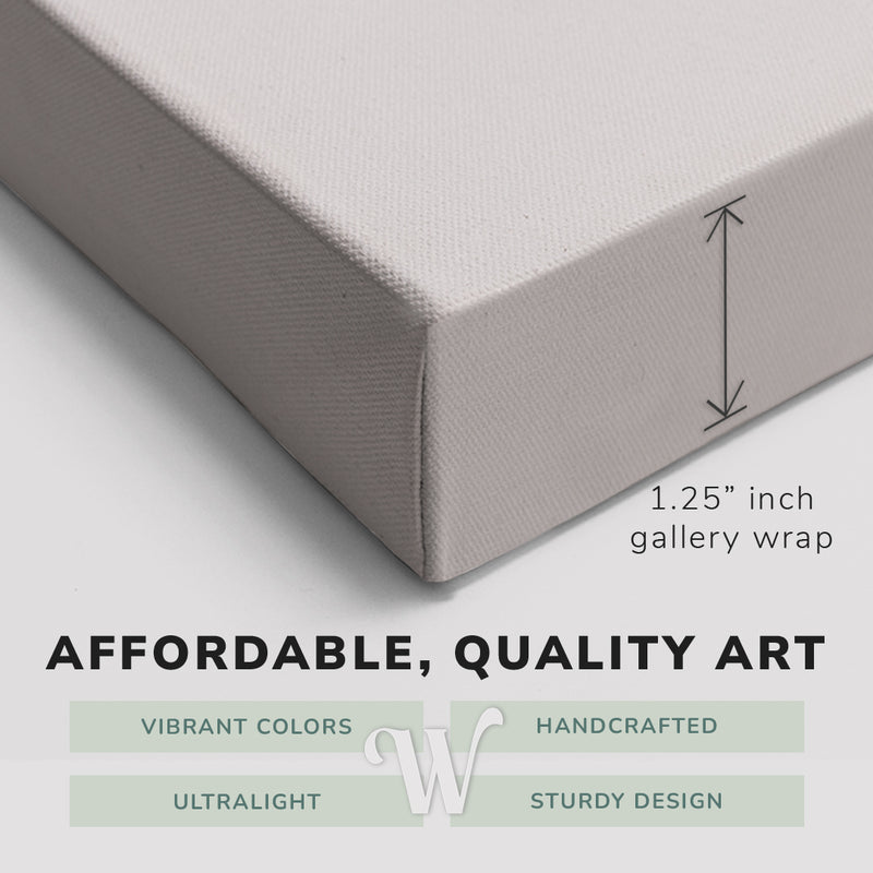 Corner shot of a Whelhung easy to hang canvas print showing the 1.25" inch gallery wrap thickness and graphic saying "Affordable, Quality Art", "Vibrant Colors", "Handcrafted", "Ultralight" and "Sturdy Design."