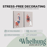 2 Panel, 2:3 vertical easy to hang canvas print on a graphic displaying the stress-free decorating Whelhung offers, how we reinvented hanging canvas: "no tools required", "wall safe"", "display in seconds" and "ultralight."