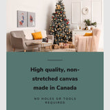 Lifestyle image of the vertical, 30x40 inch easy to hang canvas wall art hung in a christmas decorated living room hung above a couch beside a christmas tree with graphic saying "High quality, non-stretched canvas made in Canada"