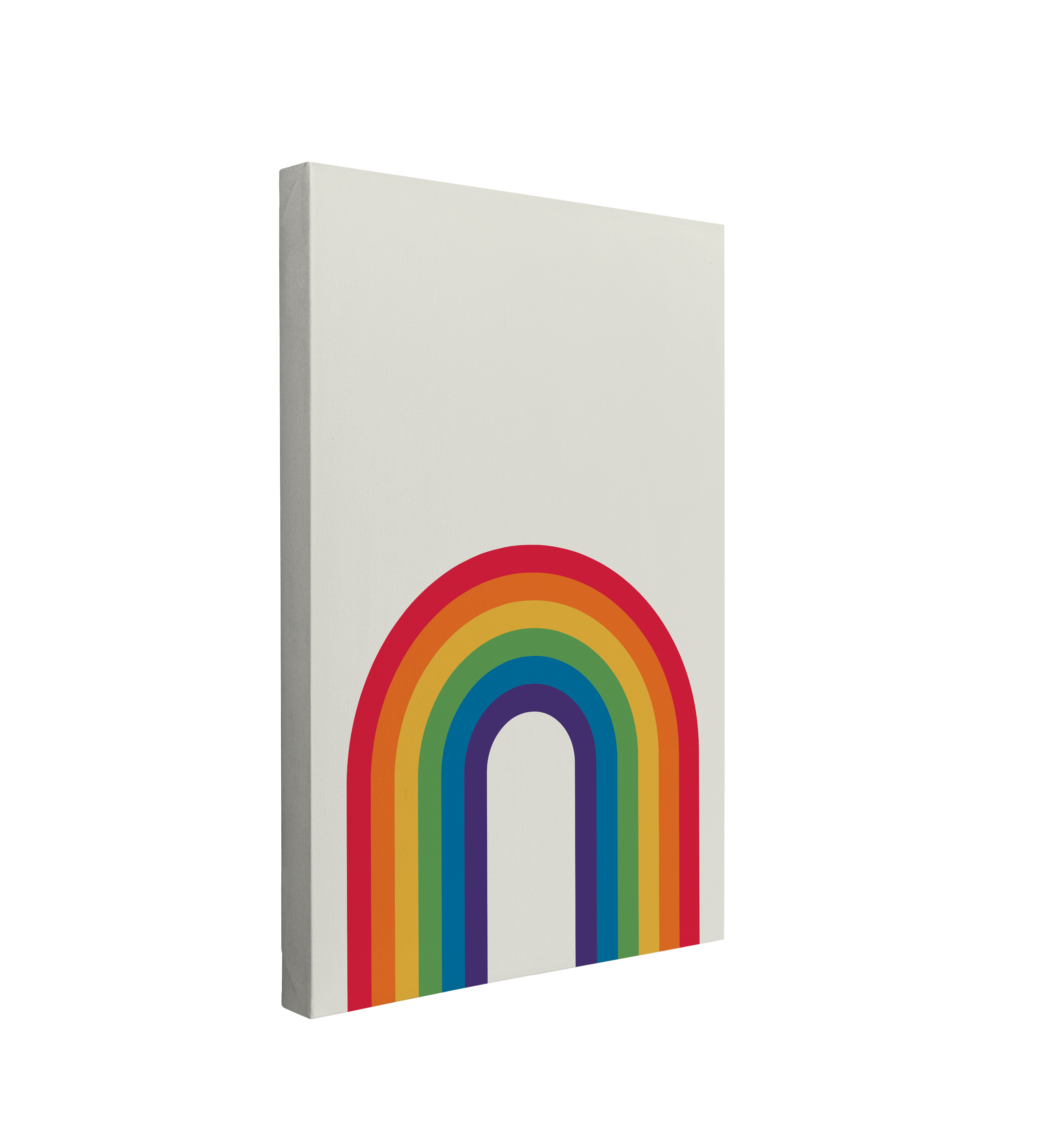 single, 2:3 vertical easy to hang canvas print on a transparent background featuring an image of a minimalist rainbow in an arch on a white or light grey background