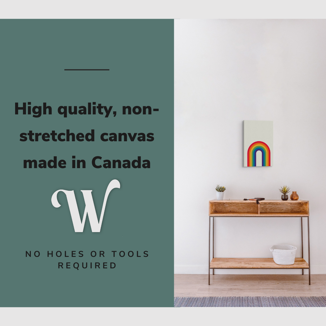 Lifestyle image of the vertical, 12x18 inch easy to hang canvas wall art hung in a minimalist hallway hung over a credenza  with graphic saying "High quality, non-stretched canvas made in Canada"