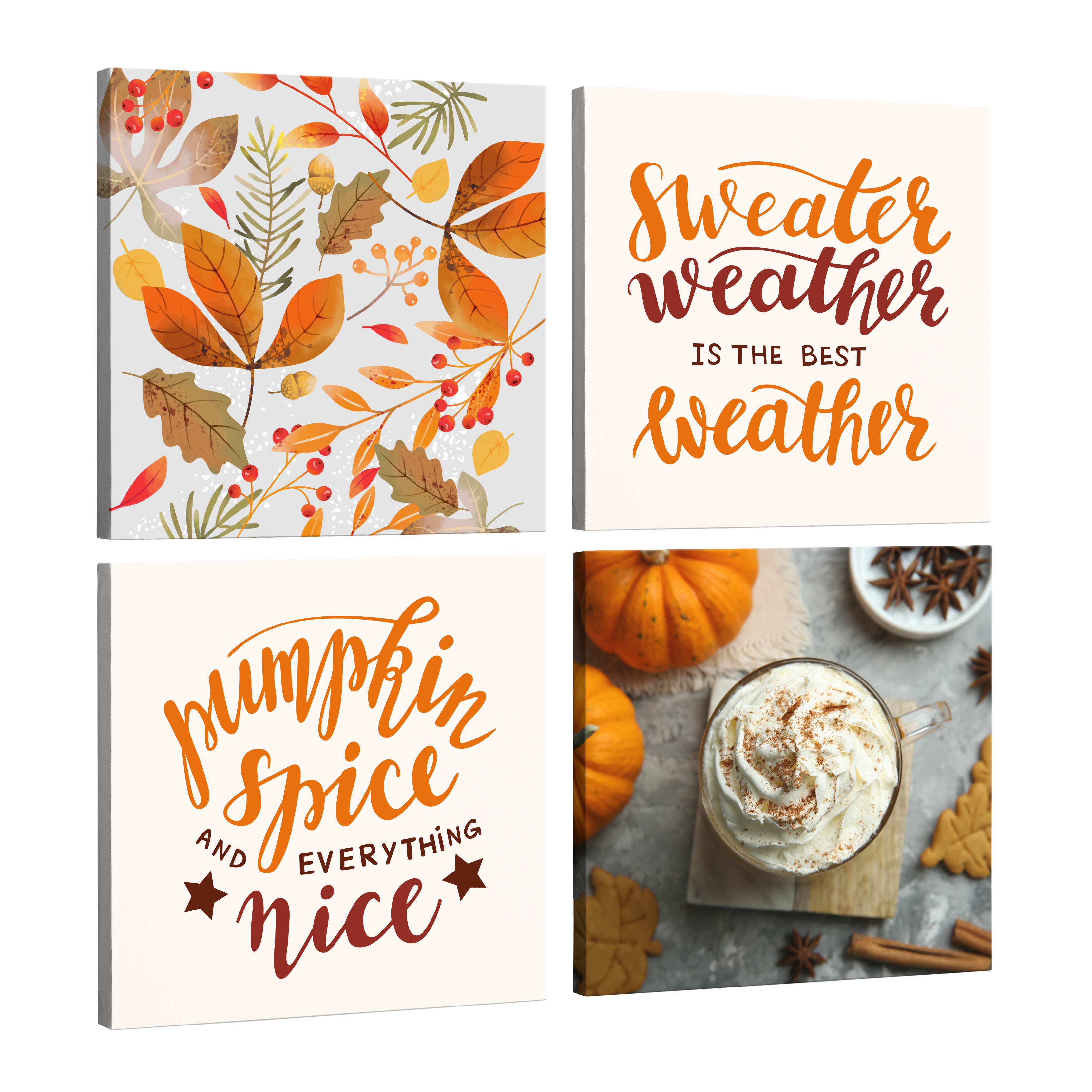 Set of 4, square easy to hang canvas prints on a transparent background featuring images of autumn leaves, the phrase "Sweater weather is the best weater" in orange and dark red, "Pumpkin spice and everything nice" and a photograph of a pumpkin spice latte from above. 