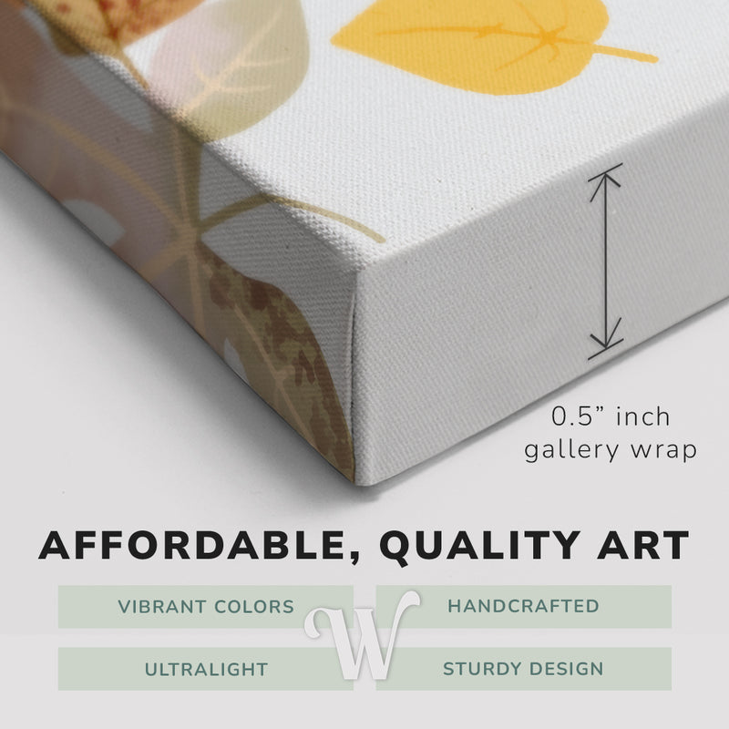 Corner shot of a Whelhung easy to hang canvas print showing the 0.5” inch gallery wrap thickness and graphic saying "Affordable, Quality Art", "Vibrant Colors", "Handcrafted", "Ultralight" and "Sturdy Design."