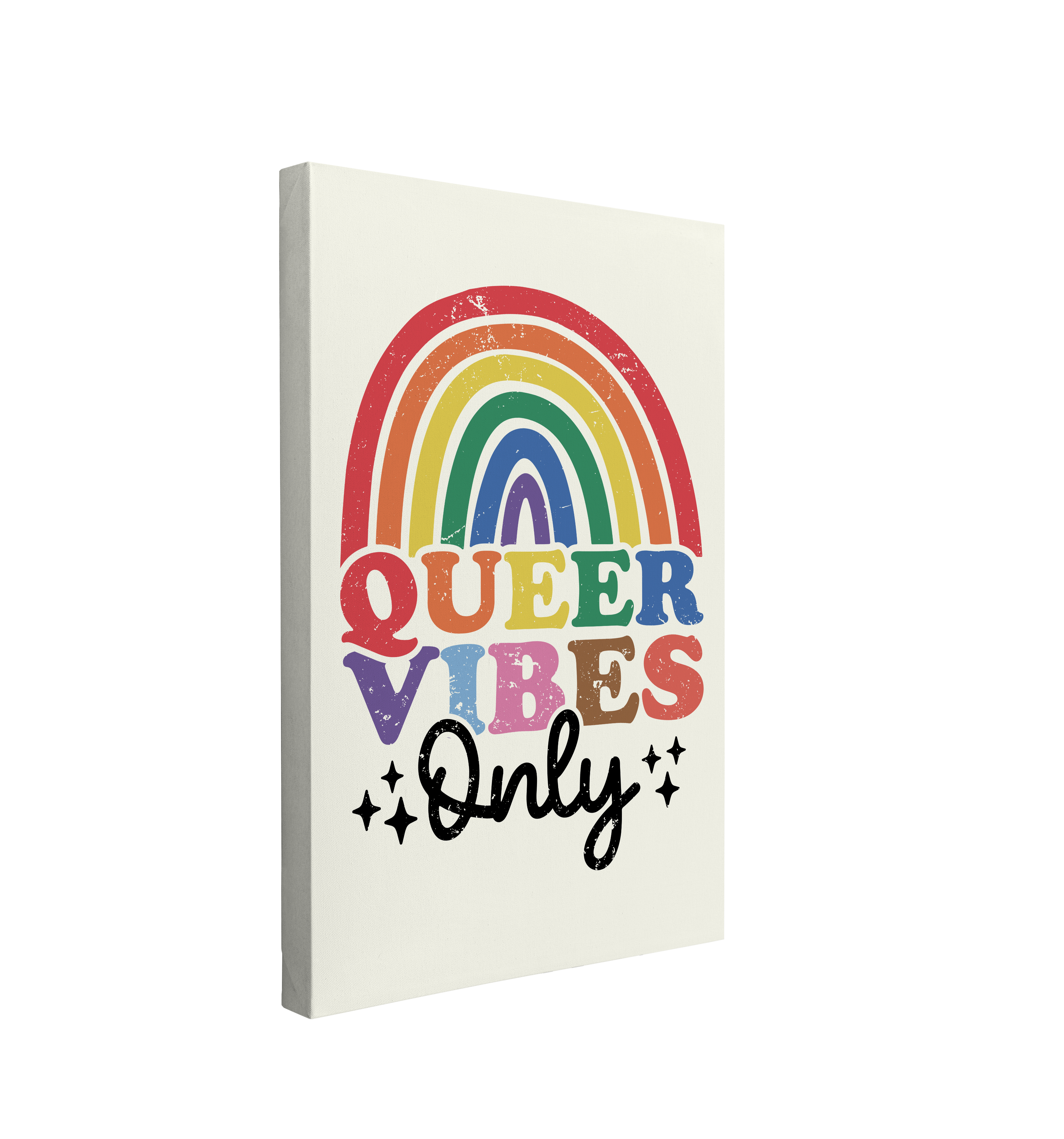 single, 2:3 vertical easy to hang canvas print on a transparent background featuring an image of a minimalist rainbow over the words "Queer Vibes Only" wrote in rainbow colors on a beige background