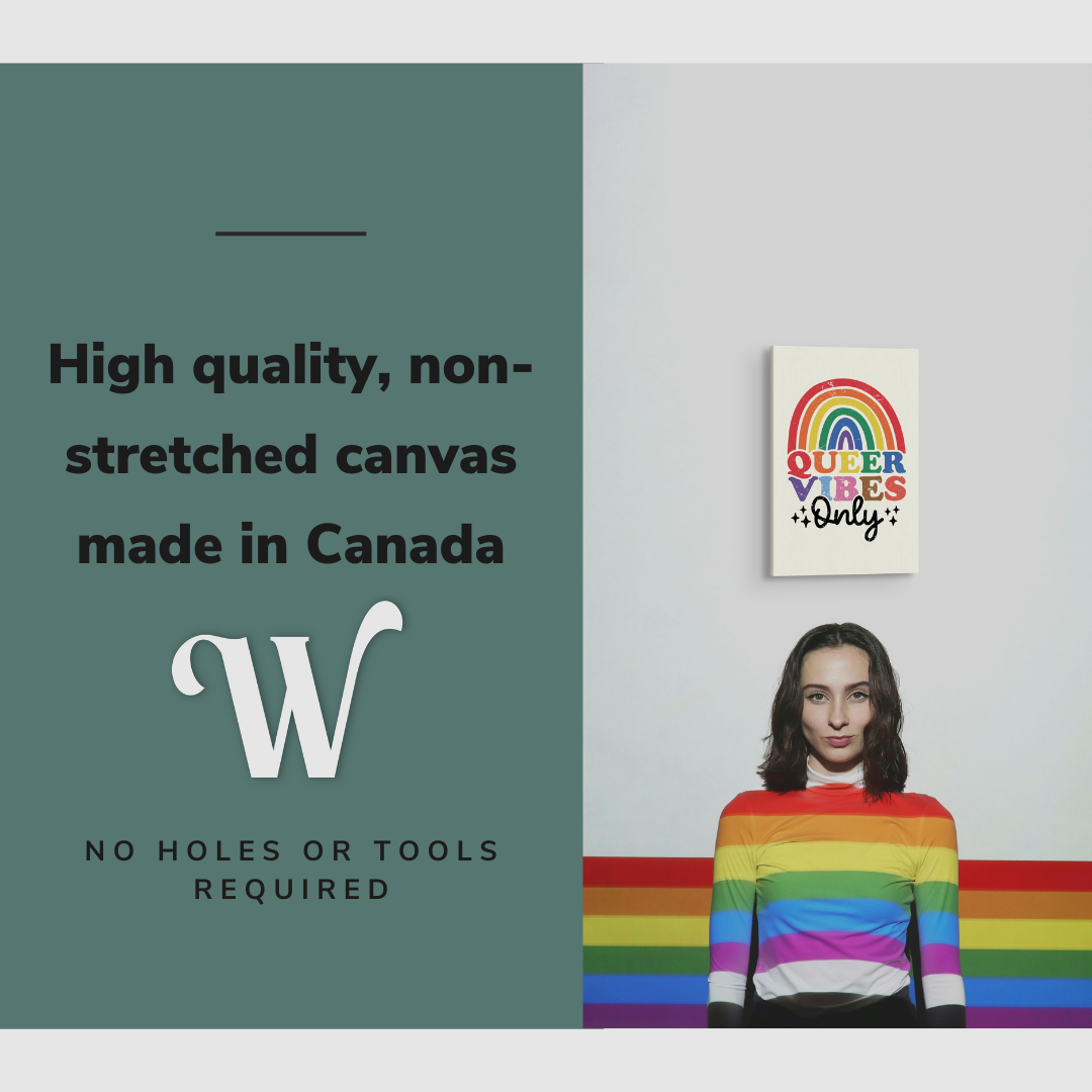 Lifestyle image of the vertical, 12x18 inch easy to hang canvas wall art hung in hung on a plain wall above a girl with a rainbow projected over her with graphic saying "High quality, non-stretched canvas made in Canada"