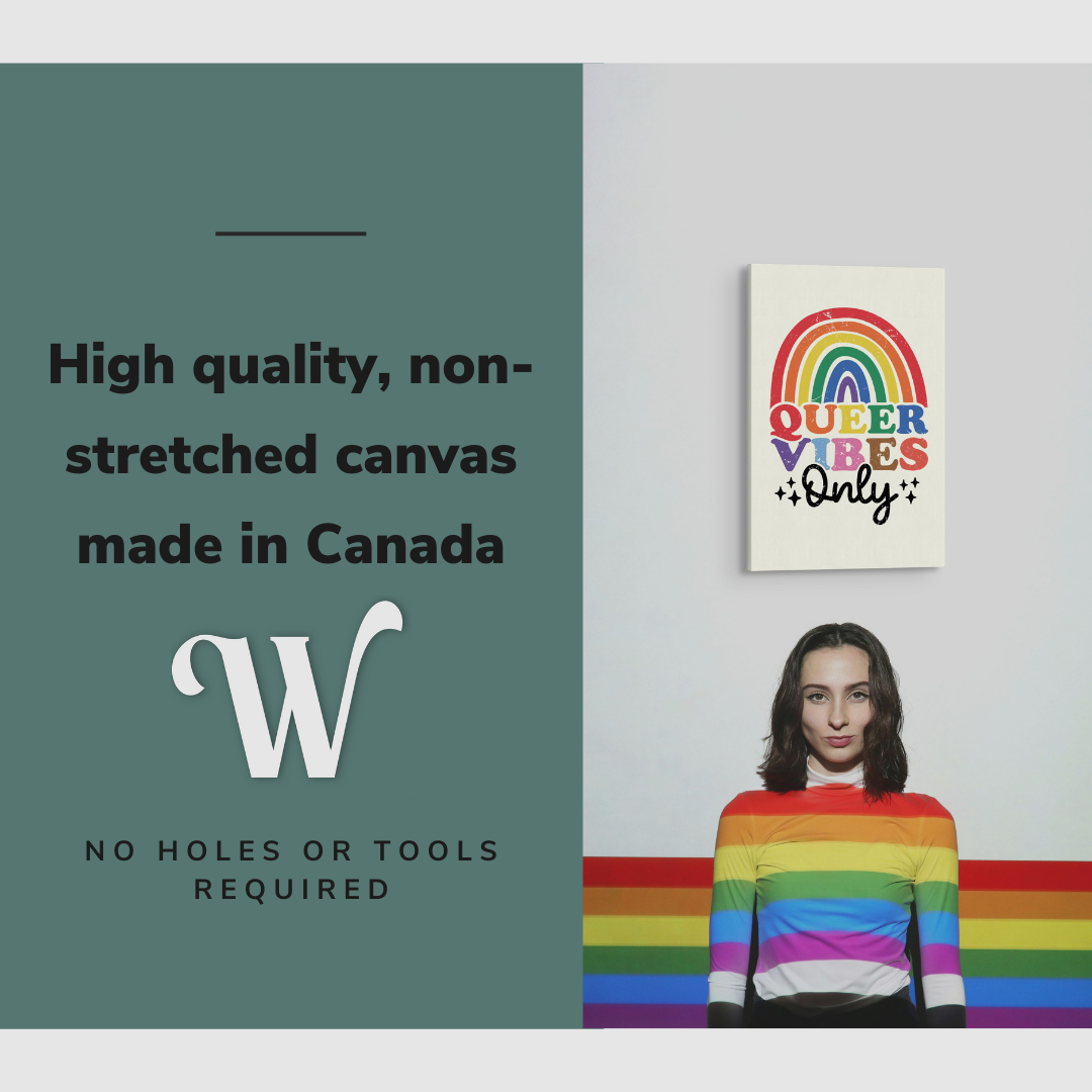 Lifestyle image of the vertical, 16x24 inch easy to hang canvas wall art hung in hung on a plain wall above a girl with a rainbow projected over her with graphic saying "High quality, non-stretched canvas made in Canada"