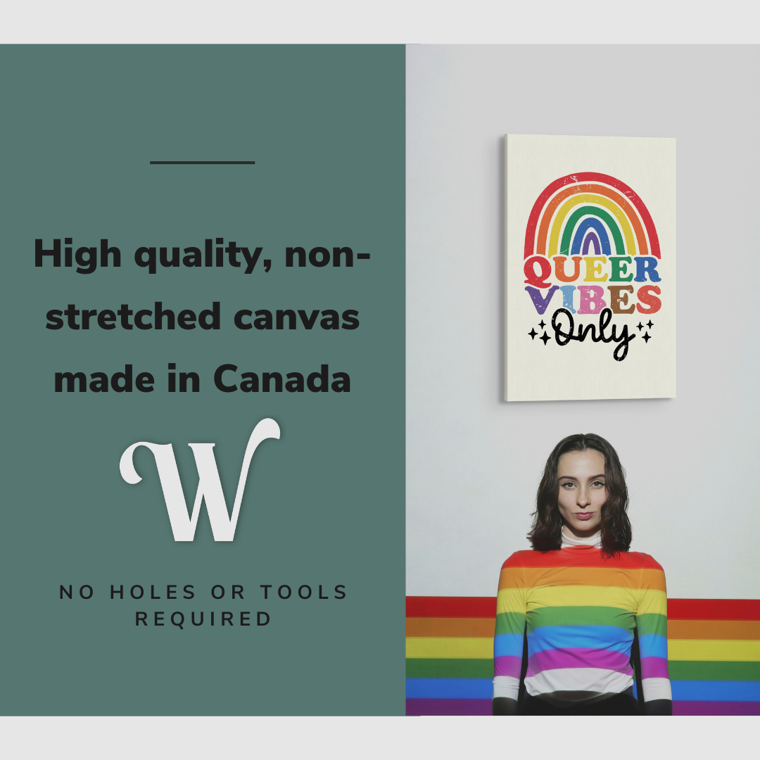 Lifestyle image of the vertical, 20x30 inch easy to hang canvas wall art hung in hung on a plain wall above a girl with a rainbow projected over her with graphic saying "High quality, non-stretched canvas made in Canada"