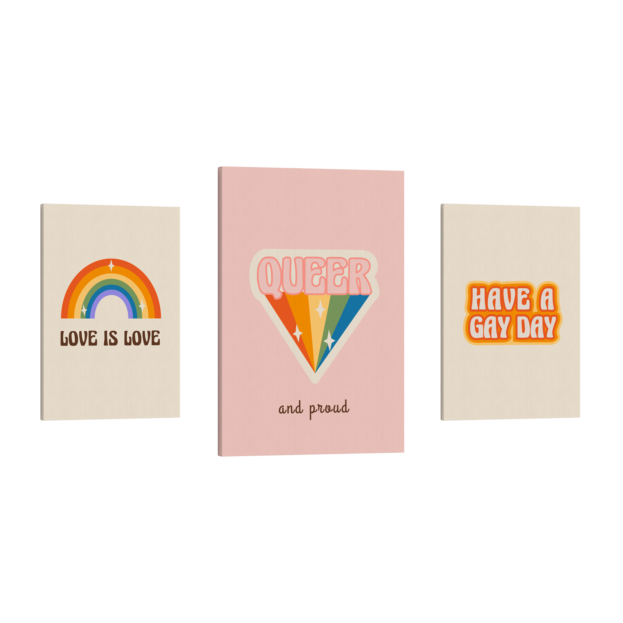 3 Panel, 2:3 vertical easy to hang canvas print on a transparent background featuring an image of three panels with minimalist rainbows and typography with words like "love is love", "queer and proud" and "have a gay day"