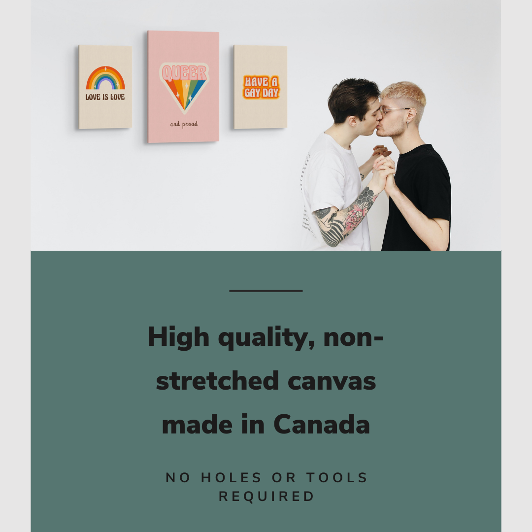 Lifestyle image of the vertical, 3 panel easy to hang canvas wall art hung in hung on a plain wall beside a gay couple with graphic saying "High quality, non-stretched canvas made in Canada"