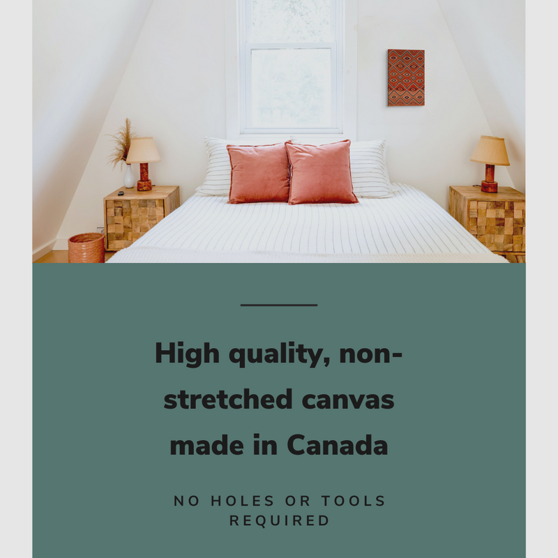 Lifestyle image of the vertical 12x18” inch easy to hang canvas wall art hung in a bedroom over a bed with graphic saying "High quality, non-stretched canvas made in Canada."