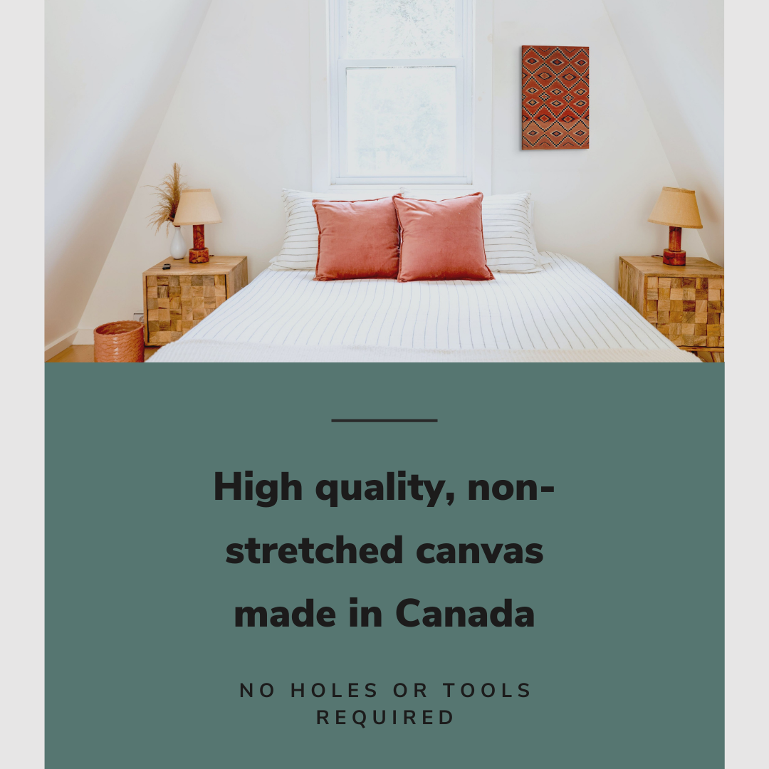 Lifestyle image of the vertical 16x24” inch easy to hang canvas wall art hung in a bedroom above a bed with graphic saying "High quality, non-stretched canvas made in Canada."