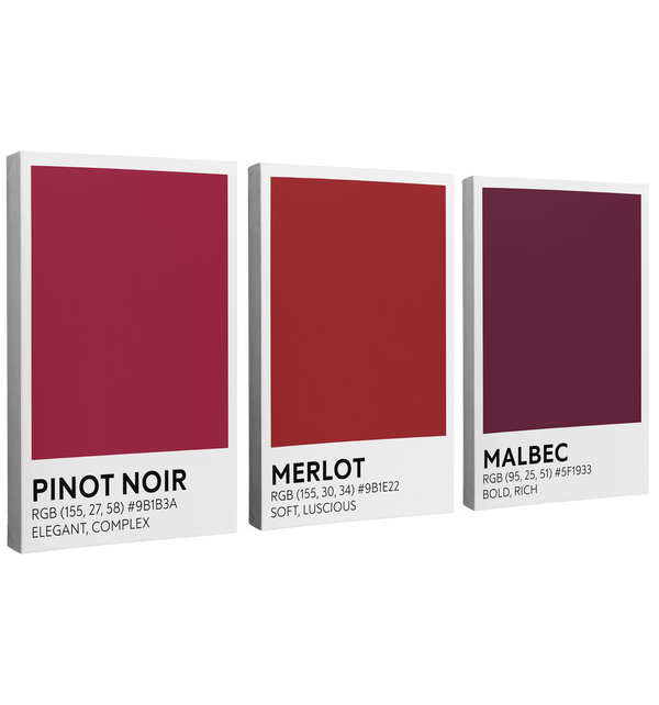 3 Panel, 2:3 vertical easy to hang canvas print on a transparent background featuring an image of three red color swatches labeled "Pinot Noir," "Merlot" and "Malbec" with the RBG codes and a short taste description