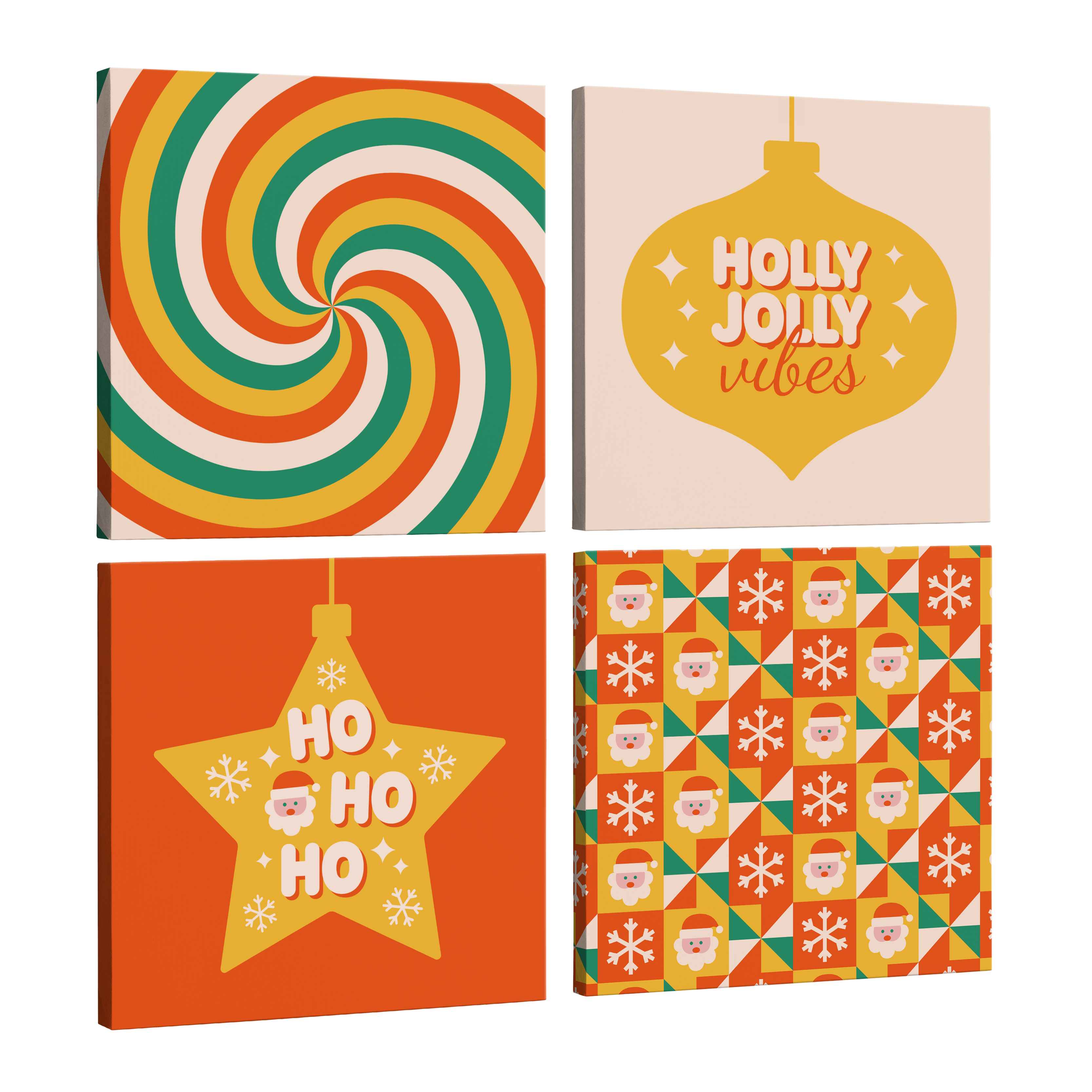 4 Panel, 1:1 square easy to hang canvas print on a transparent background featuring an image of two retro christmas ornaments with "Ho ho ho" and "Holly Jolly Vibes" written on them with two retro prints, all in an orange, beige and green color scheme with santas and snowflakes