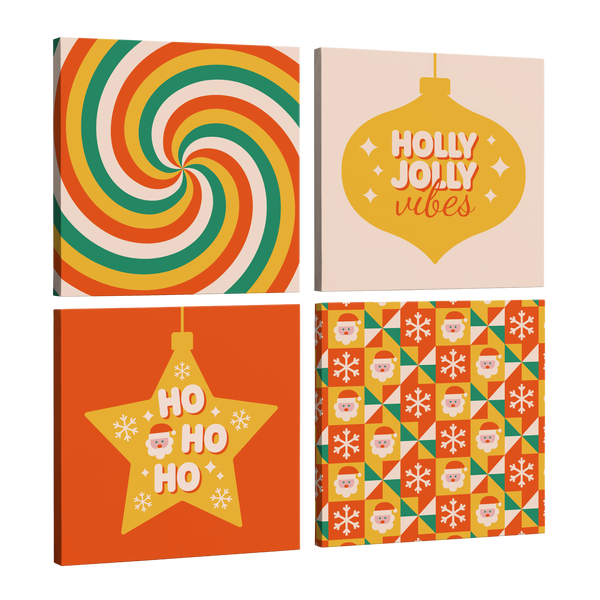 4 Panel, 1:1 square easy to hang canvas print on a transparent background featuring an image of two retro christmas ornaments with "Ho ho ho" and "Holly Jolly Vibes" written on them with two retro prints, all in an orange, beige and green color scheme with santas and snowflakes