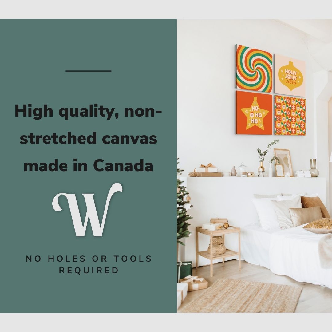 Lifestyle image of the vertical, 40x40 inch easy to hang canvas wall art hung in a christmas decorated bedroom hung above the bed with graphic saying "High quality, non-stretched canvas made in Canada"