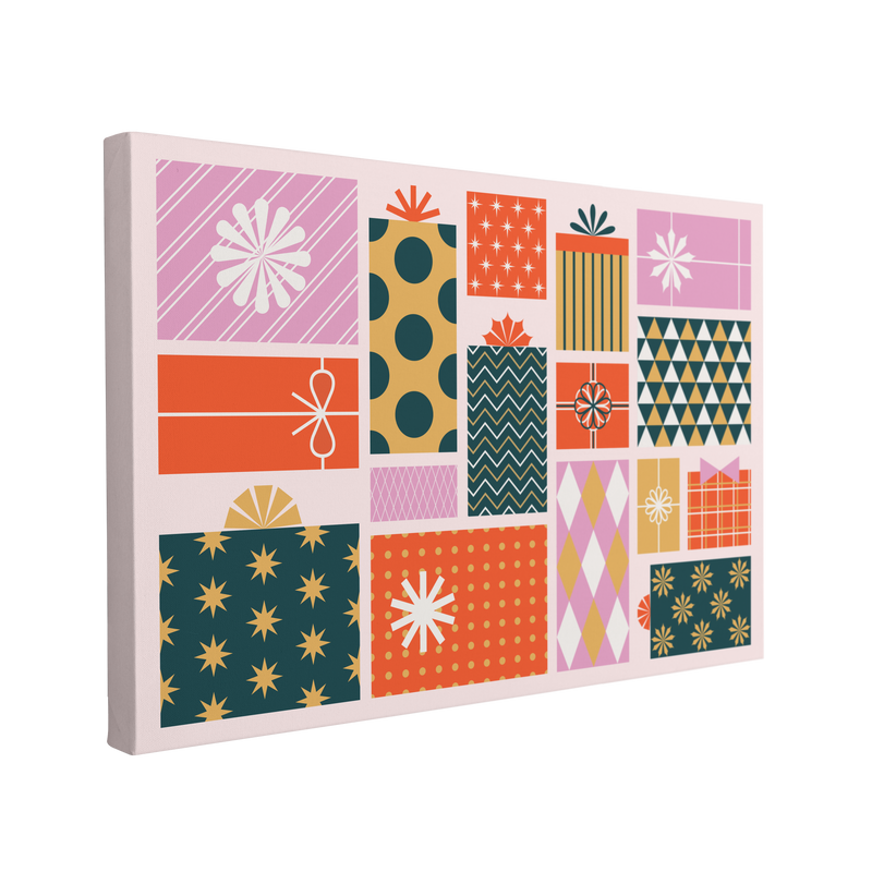 single, 2:3 horizontal easy to hang canvas print on a transparent background featuring an image of a group of geometric, square and rectangular christmas gifts wrapped in retro styled wrapping paper