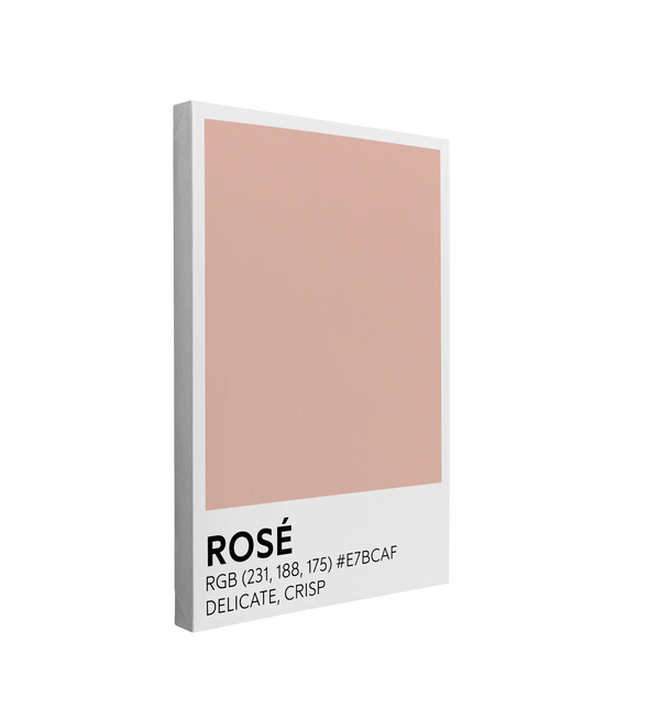 single, 2:3 vertical easy to hang canvas print on a transparent background featuring an image of a light pink color swatch labeled "Rosé" with the RBG code and a short taste description