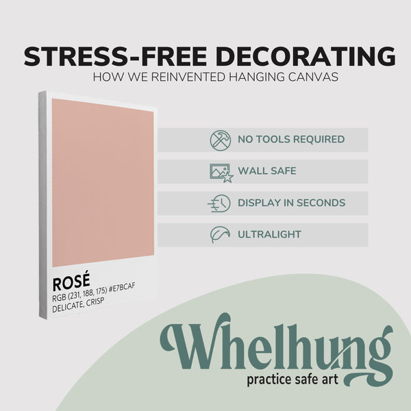 single, 2:3 vertical easy to hang canvas print on a graphic displaying the stress-free decorating Whelhung offers, how we reinvented hanging canvas: "no tools required", "wall safe"", "display in seconds" and "ultralight."