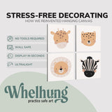 Set of 4, square easy to hang canvas prints on a graphic displaying the stress-free decorating Whelhung offers, how we reinvented hanging canvas: "no tools required", "wall safe", "display in seconds" and "ultralight."