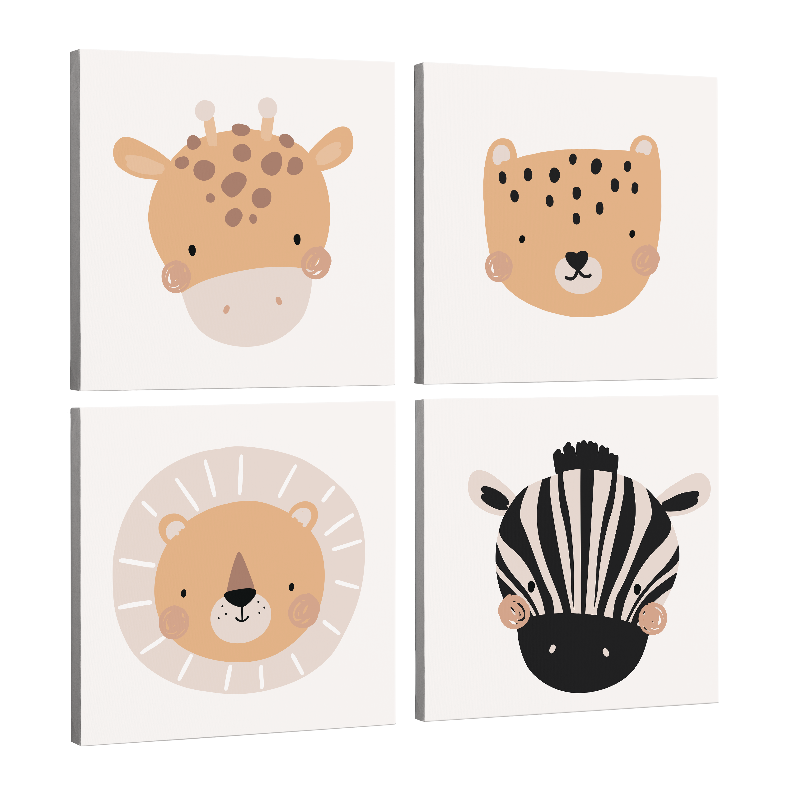 Set of 4, square easy to hang canvas prints on a transparent background featuring images of cartoon portraits of safari animals- a giraffe, cheetah, lion and a zebra all on separate panels.