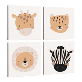 Set of 4, square easy to hang canvas prints on a transparent background featuring images of cartoon portraits of safari animals- a giraffe, cheetah, lion and a zebra all on separate panels.