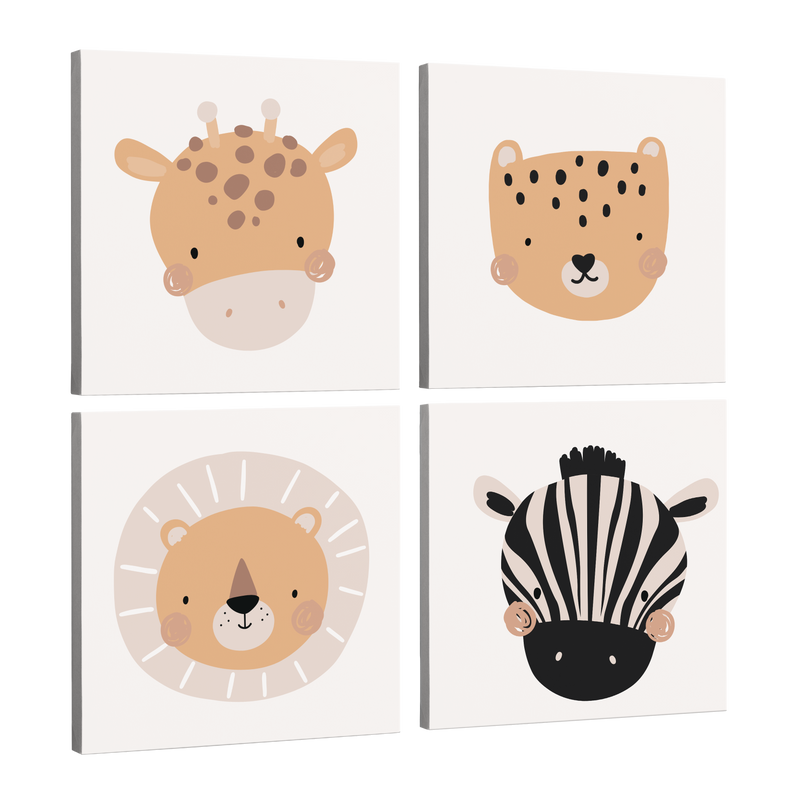 Set of 4, square easy to hang canvas prints on a transparent background featuring images of cartoon portraits of safari animals- a giraffe, cheetah, lion and a zebra all on separate panels.