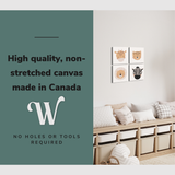 Lifestyle image of the square, 12x12” inch set of 4 easy to hang canvas wall art hung in minimalist nursery or child's bedroom with graphic saying "High quality, non-stretched canvas made in Canada."