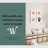 Lifestyle image of the square, 16x16” inch set of 4 easy to hang canvas wall art hung in a minimalist nursery or child's bedroom with graphic saying "High quality, non-stretched canvas made in Canada."