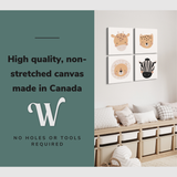 Lifestyle image of the square, 20x20” inch set of 4 easy to hang canvas wall art hung in a minimalist styled nursery or child's bedroom with graphic saying "High quality, non-stretched canvas made in Canada"