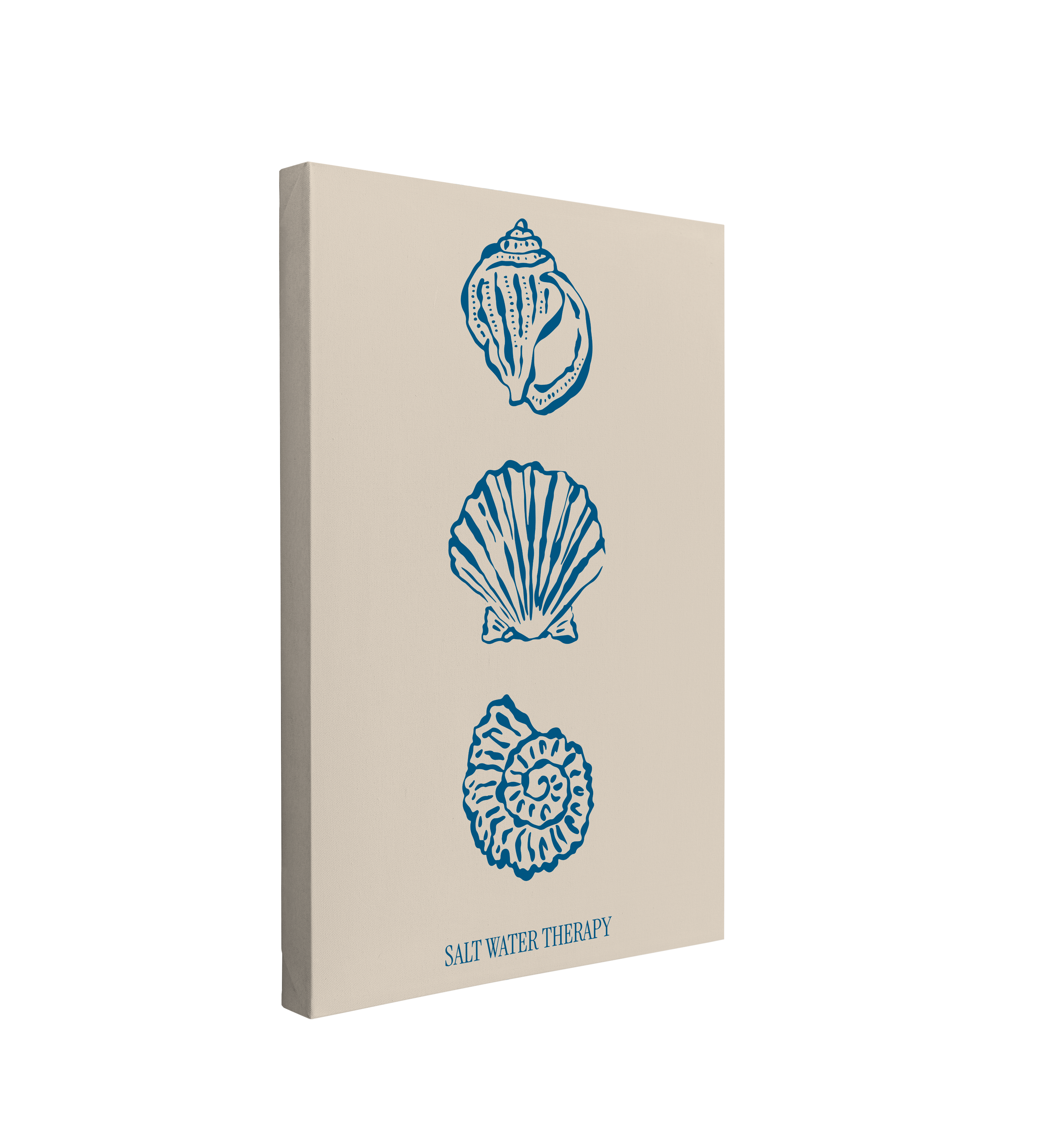 Single, 2:3 ratio vertical easy to hang canvas prints on a transparent background featuring a graphic of three blue shells lines up vertically on a light yellow/white background with words "Salt Water Therapy" at the bottom.