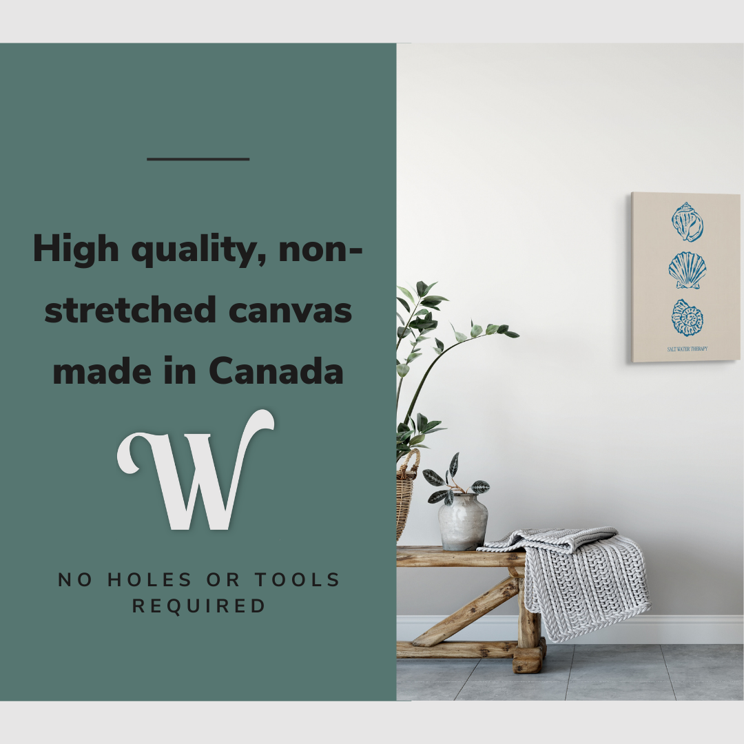 Lifestyle image of the vertical, 16x24" inch easy to hang canvas wall art hung over a bench in a bathroom with graphic saying "High quality, non-stretched canvas made in Canada"