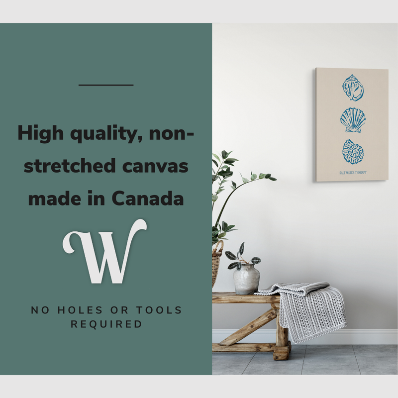 Lifestyle image of the vertical, 20x30" inch easy to hang canvas wall art hung over a bench in a bathroom with graphic saying "High quality, non-stretched canvas made in Canada"