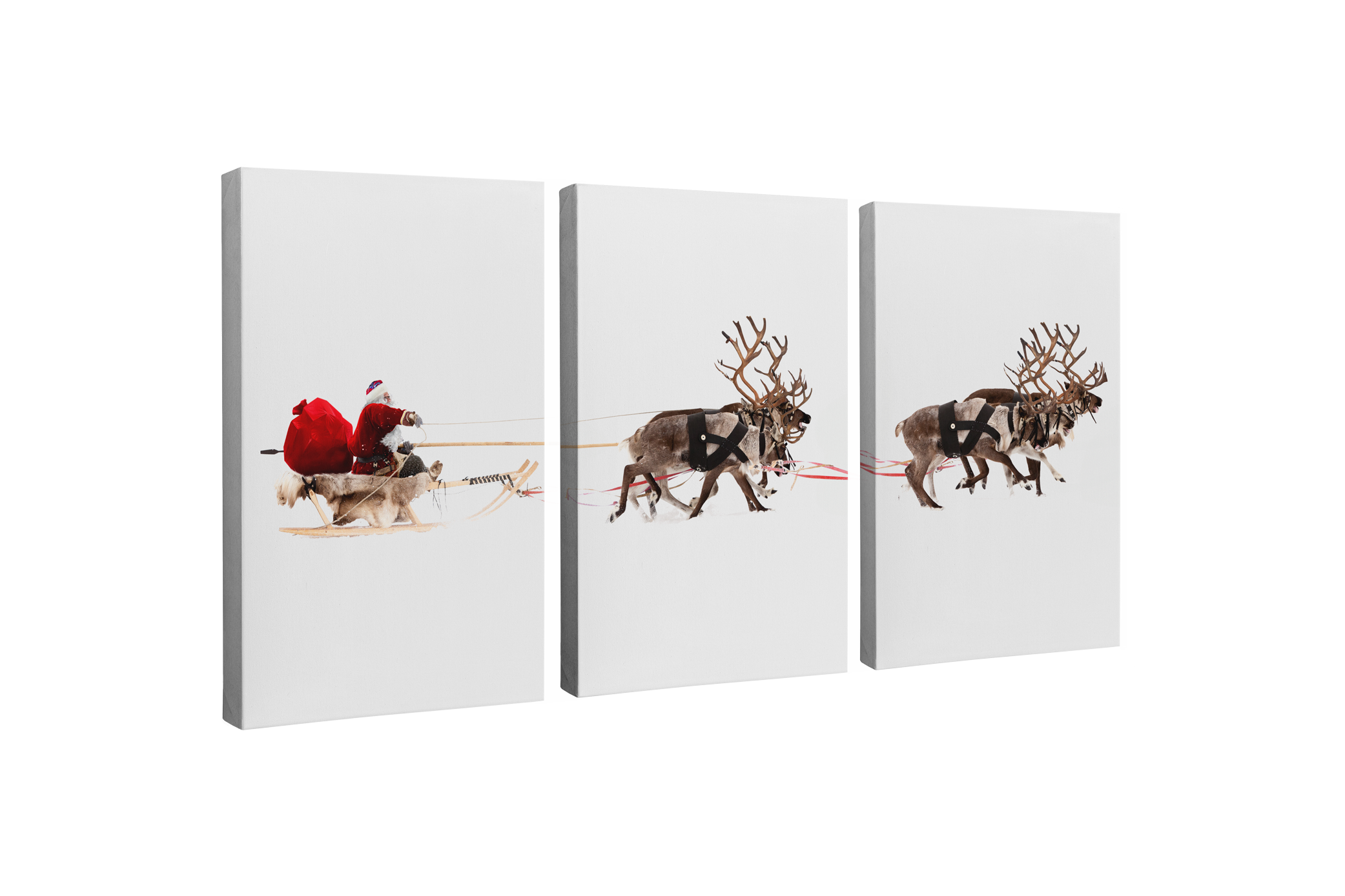 3 Panel, 2:3 vertical easy to hang canvas print on a transparent background featuring an image of three parts of a full photograph of a Santa on his sleigh with reindeer pulling it