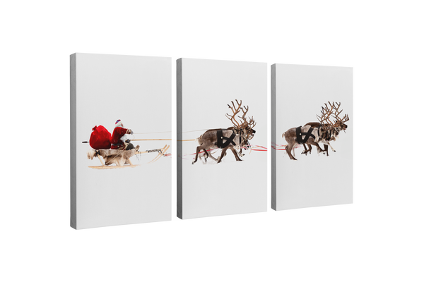 3 Panel, 2:3 vertical easy to hang canvas print on a transparent background featuring an image of three parts of a full photograph of a Santa on his sleigh with reindeer pulling it