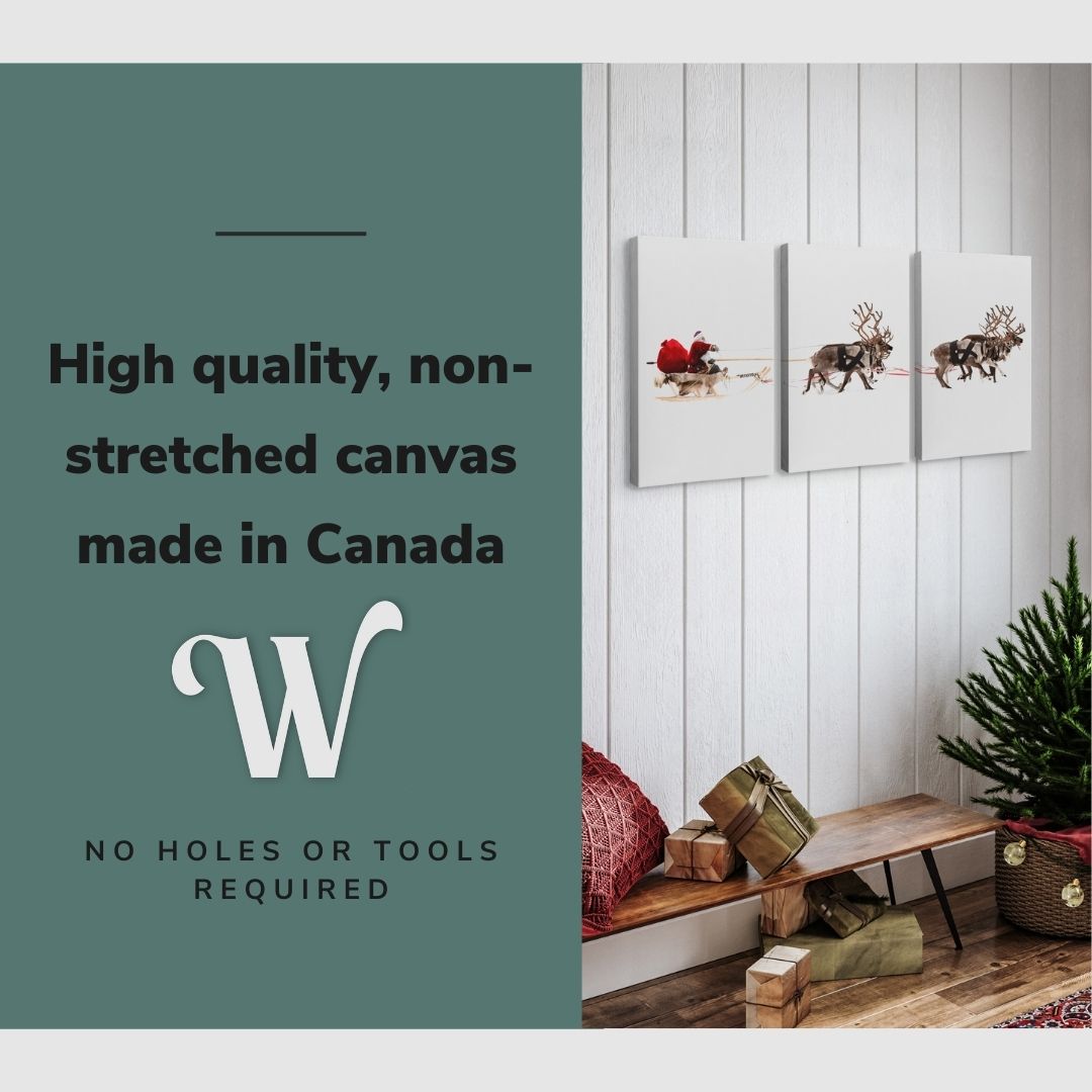 Lifestyle image of the vertical, 24x48 inch easy to hang canvas wall art hung in a foyer hung above a shoerack beside the front door with graphic saying "High quality, non-stretched canvas made in Canada"