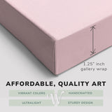 Corner shot of a Whelhung easy to hang canvas print showing the 1.25" inch gallery wrap thickness and graphic saying "Affordable, Quality Art", "Vibrant Colors", "Handcrafted", "Ultralight" and "Sturdy Design."