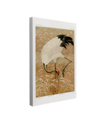 single, 2:3 vertical easy to hang canvas print on a transparent background featuring an image of a vintage japanese painting of a black and white Sarus Crane with red feathers on it's head, in a yellow rice field for a background and a light grey border