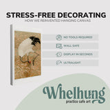 single, 2:3 vertical easy to hang canvas print on a graphic displaying the stress-free decorating Whelhung offers, how we reinvented hanging canvas: "no tools required", "wall safe"", "display in seconds" and "ultralight."